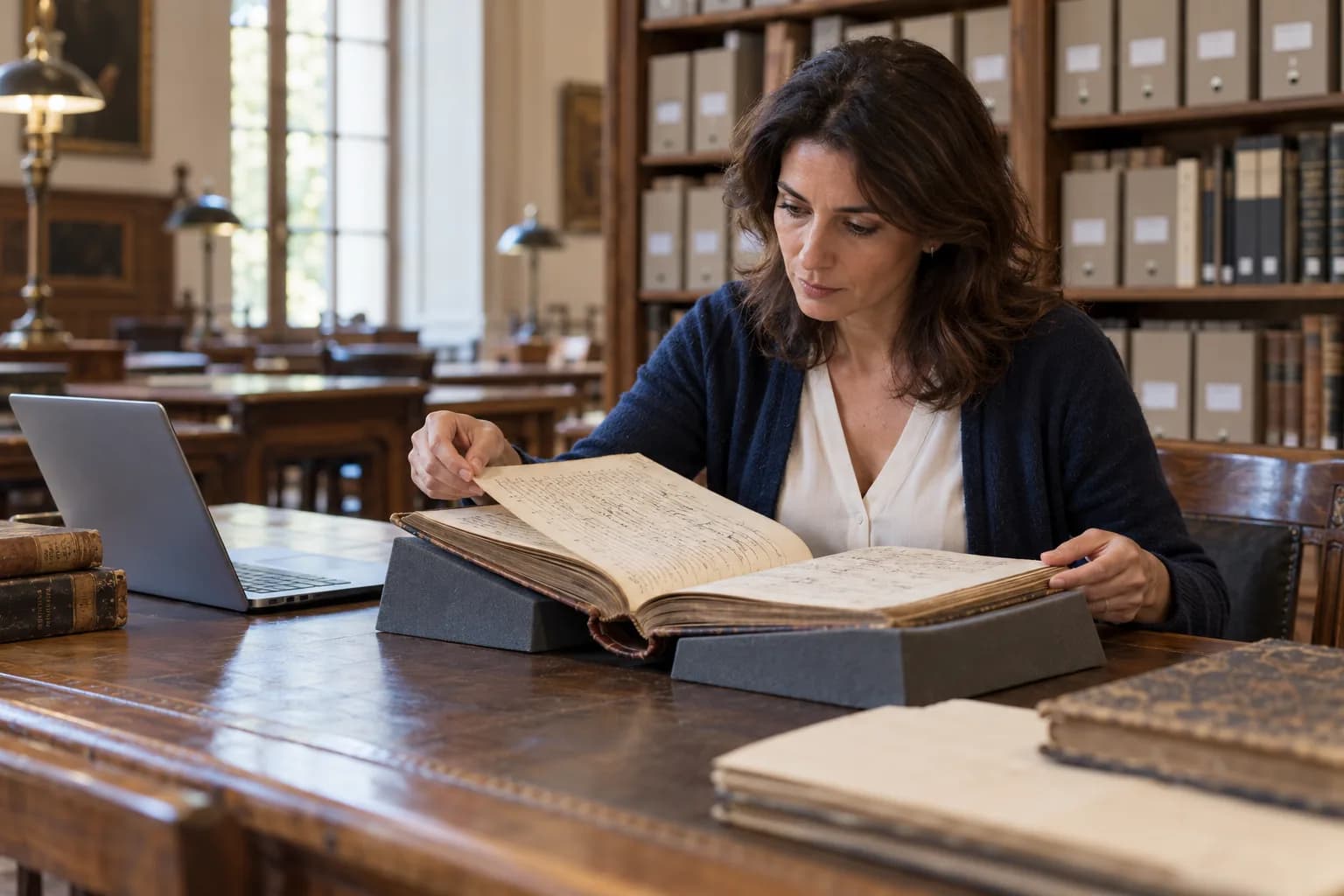 Una archivera consulta un libro histórico junto a un ordenador en una sala de archivo
